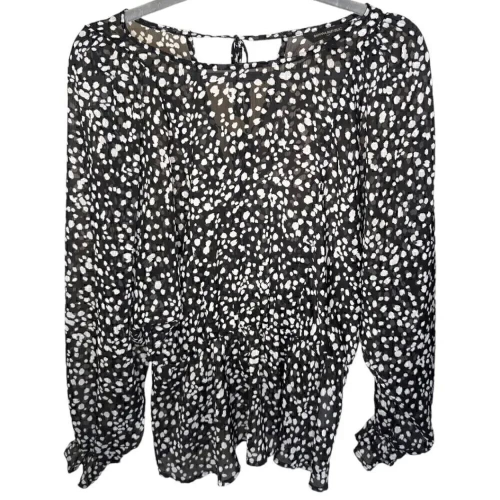 Banana Republic Black and White Dot Split Neck with Long Sleeve Sheer Blouse Wom